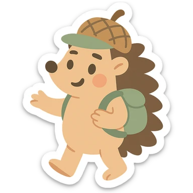 hedgehog with a tiny backpack and acorn hat, muted browns and sage green, pastel-toon style sticker