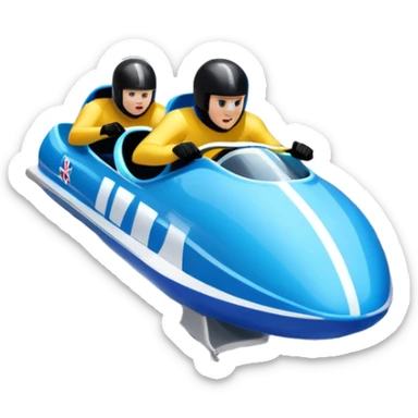 An icon featuring a sleek bobsled with athletes racing down an icy track at high speed, helmets on and bodies aligned for aerodynamics. The scene is set in a stunning snowy mountain valley with pine trees, spectators, and crisp blue sky. Transparent background captures the thrill of bobsleigh. sticker