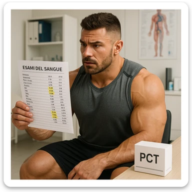 muscular bodybuilder in sportswear sitting in a medical office holding a blood test sheet with highlighted values, box labeled 'PCT' on the table, attentive expression, Italian text, 4K quality sticker