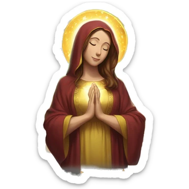 Virgin Mary: kind face looking down at the left, long brown hair, Wearing an emerald green  robe with gold stars and a burgundy red dress,  Hands in prayer or blessing. Halo around her head. standing in front of a big sun. colorful roses on the sides  sticker