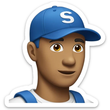 A white Men with a blue cap and with the white letters S and K in his blue tshirt sticker