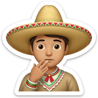 person deep in thought, wearing a traditional Mexican sombrero. The character has a neutral or slightly furrowed expression, one hand gently touching their chin in a classic thinking pose.  sticker