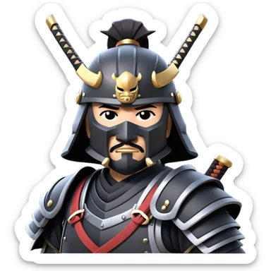 clash-of-clans-aesthetic_-cinematic-fearsome-and-majestic-samurai-bust-portrait-emoji, rendered in a flat, vector-style with minimal shading and bold, simplified shapes typical of emoji art, depicting a battle-hardened samurai with black mask and traditional black Japanese armor. The samurai is riding a noble grey warhorse adorned with an intricately designed saddle and fluttering banners and a rising sun. a samurai riding on a  horse zoomed in sticker