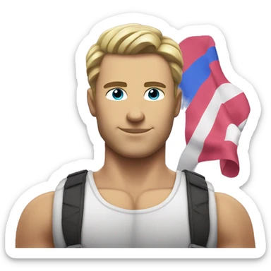 A muscular white man with half-slanted eyes and hair style with a parting on the left side holding the bisexual flag sticker