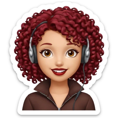 generate a pretty bratz girl curly dark red hair, brown lipstick on, wired earphones on, smiling sticker