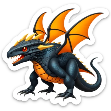 Magmatic fiery badass cool obsidian-Black and golden-orange Helioptile-Amaura-Salamence-Fakémon-hybrid-creature (full body)  sticker