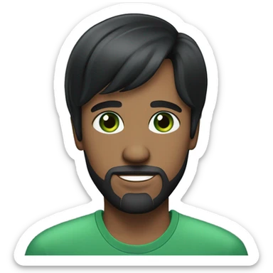 A 30-year-old man with tight black hair with bangs on his head, green eyes, and a tight beard and a dark blue elegant shirt sticker