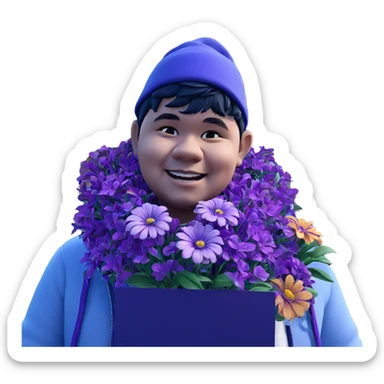 smiling boy with purple flower sticker