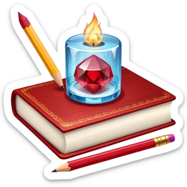 ice cube, book, pencil, match, bubble and ruby sticker