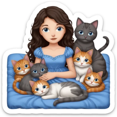 detailed realistic looking a dark grey and white cat regally laying with six other cats, cuddling with their owner in bed who is a pretty bratz lightly tanned white girl with long dark brown hair, blue eyes and gorgeous long wavy hair wearing a pretty detailed dress sticker