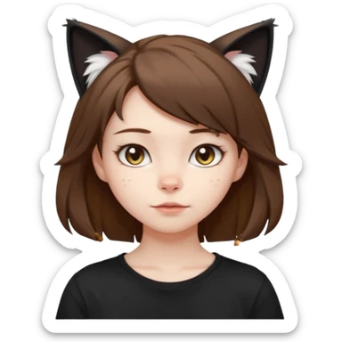 a girl with pale skin, shoulder lengh brown hair with lots of dandruff , cat ears and a tail, with a black t-shirt on sticker