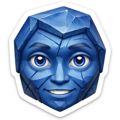 A single sapphire-blue faceted rock head, chunky and worn, with very visible big cracks and chipped facets but still shiny, big kind eyes and a confident smile sticker