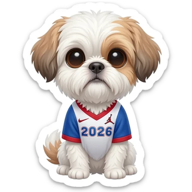 white and light brown shih zhu wearing a Jordan soccer jersey v neck 2026 work cup sticker