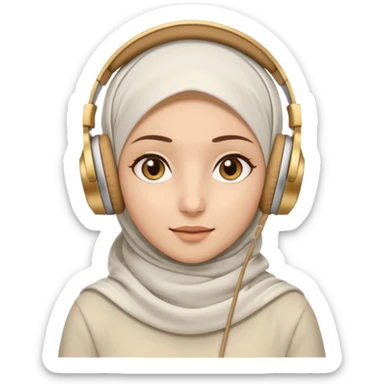 This is a cartoon-style avatar of a woman wearing a white hijab and headphones, with golden-brown eyes and a calm expression. sticker