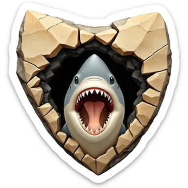 3D render of Shark Tooth, embedded in a chunk of rough sedimentary rock, cracked stone texture, ancient fossil aesthetic, shiny black enamel tooth embedded in beige sand, matte dry finish, Apple emoji style, isolated on white background --v 6.0 sticker