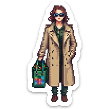 mystery shopper wearing trench coat and sunglasses, holding shopping bag, pixel art style sticker