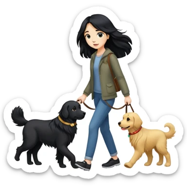 A girl with long black hair walking a black golden retriever sticker