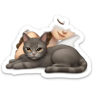 White girl brown hair sleeping with brown gray cat sticker