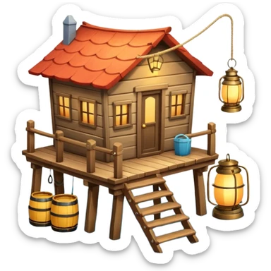 
fisherman house on a wooden pier, small dock, fishing nets hanging, barrels, lantern, ocean vibe, 3D cartoon, cute mobile game icon, clean background, no text
 sticker