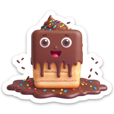 Rectangular chocolate mini pastry, messy chocolate dripping, sprinkles flying, surprised eyes, open mouth, text above: "ПАСТИЧКА", chibi style, Twitch emoji style, transparent background, colorful
 sticker
