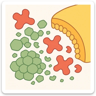 A realistic biological illustration (like in a school book) showing: enzymes (red) breaking down starch (green) near a cell membrane (yellow). Macro photography style. No labels, white background sticker