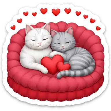 White cat and gray cat sleeping together in a bed full of hearts sticker
