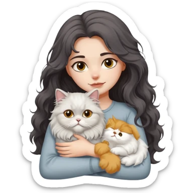 a girl with long dark wavy hair hug a fluffy persian cat with dominant white body and gray on its forehead  sticker