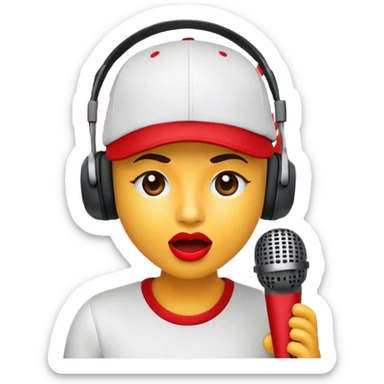 Create a dynamic and energetic emoji that represents beatboxing. The design should feature a stylized microphone and baseball cap on it, with lips and sound waves emanating from it , symbolizing vocal percussion and rhythm. Add elements like headphones or a subtle speaker to emphasize the music production aspect. Use bold colors like black, white, and red to convey the intensity and creativity of beatboxing. The background should be transparent. sticker