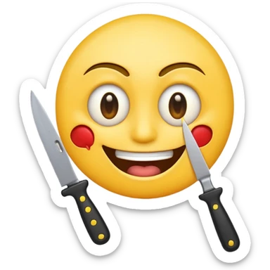 a cartoonish smiling emoji with a knife stuck in its eye, exaggerated expression sticker
