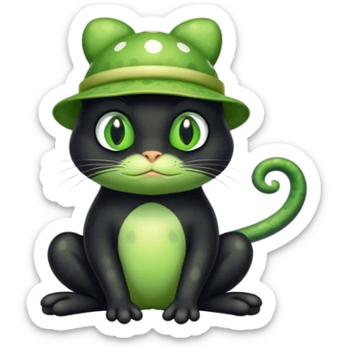 black cat with white spots and green eyes wearing a green frog hat sticker