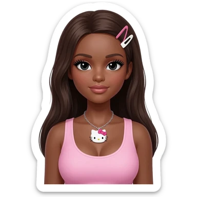 Long giant lashes, my melody and my sweet piano hairclip, Doll faced shaped, hello kitty necklace, bimbo, black doll eyes, barbie, dark brown skin with long dark brown hair, light pink bimbo sleeveless shirt big breast sticker