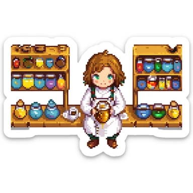 A candy-themed alchemist with caramel pipes, sugar-glass beakers, and honey-dripping mixers. The lab glows with syrupy hues and sticky textures. Interface buttons look like jelly beans, sliders resemble licorice sticks, and transitions melt like chocolate. sticker