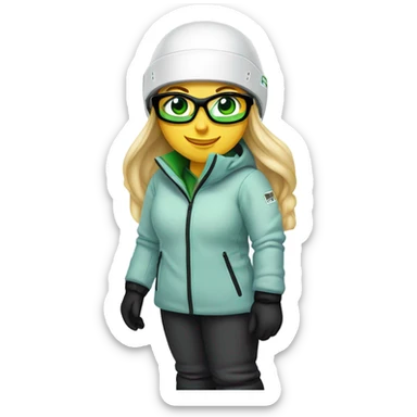 Green-eyed, fat female skier with long straight blonde hair, glasses, white ski helmet, grey snow jacket, long black pants, black only snow boots standing tall. sticker