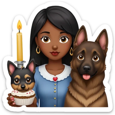 Black hair girl holding cupcake with candle next to german shepherd dog sticker