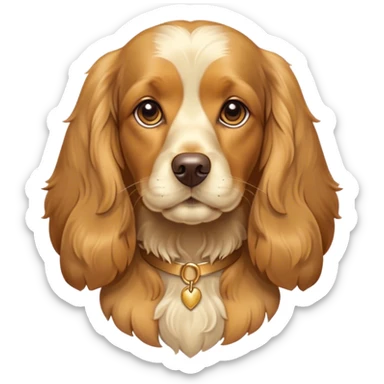 Cinematic Noble Gold Cocker Spaniel Portrait Emoji, Poised and regal, with a medium build and a lustrous, well-groomed golden coat, deep-set soulful brown eyes, Simplified yet sharp and sophisticated features, highly detailed, glowing with a soft, dignified glow, high shine, intelligent and loyal, stylized with an air of elegance, focused and attentive, soft glowing outline, capturing the essence of a watchful and confident companion, so majestic it feels as though it could trot out of the screen with effortless authority! sticker