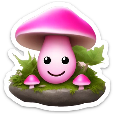 Pink little smiley mushroom man growing between two round rocks sticker