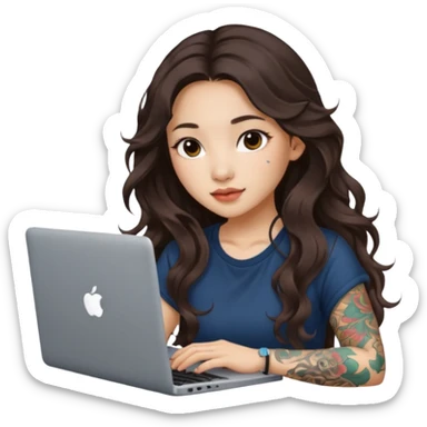 beautiful girl, with tattoos, with long brunette hair, wavy hair, chinese, with laptop sticker