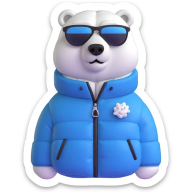 polar bear wearing a white puffer jacket and sunglasses  sticker
