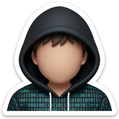 Binary system and "hacker" look, wearing a black hoodie with the hood over the head, hide the hair under the hood so it's not visible at all,  visible face with no masks or hair. sticker