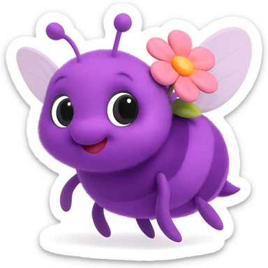 A 3D emoji of a purple bee, in a three-quarter view, with a curious expression, soft shadows, a slightly tilted body, and a small flower on its back. sticker