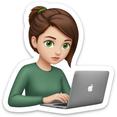 fată cu ochi verzi și păr șaten strâns în partea din spate a capului, lucrând pe un laptop sticker