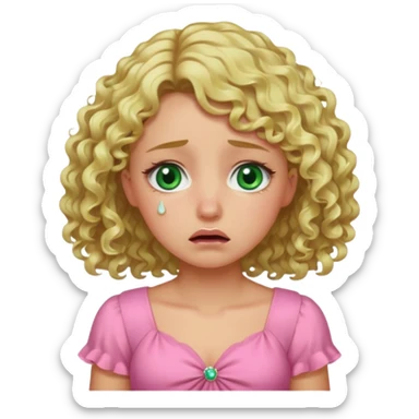 the girl is that criying she has green eyes and blond hair curly pink dress, sticker
