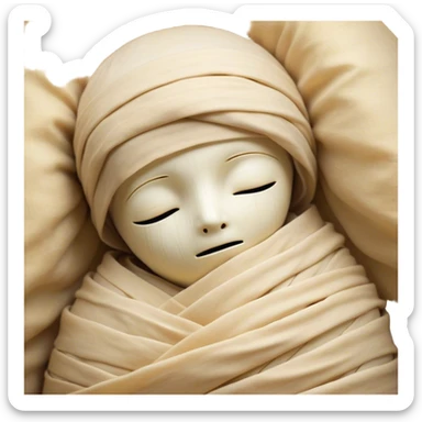 A snug, cozily wrapped mummy, fully encased in soft, slightly loose bandages, even its face gently hidden behind folds with only a tiny glimpse of sleepy eyes, nestled in warm, faded tones with gentle golden accents, simplified yet irresistibly charming, highly detailed with a soft glowing outline capturing the peaceful aura of an ancient being drifting into rest! sticker