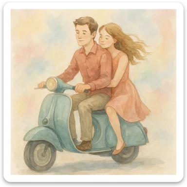 watercolour style, couple on a vintage scooter, pastel background, gentle brushstrokes sticker