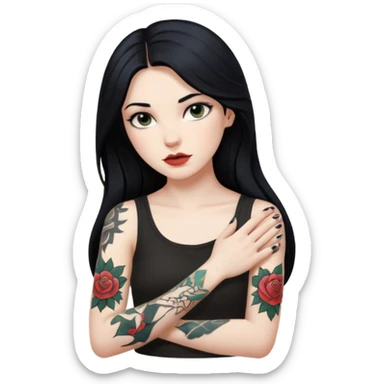 Hyperrealistic Pale girl with long black hair arm tattoos sticker