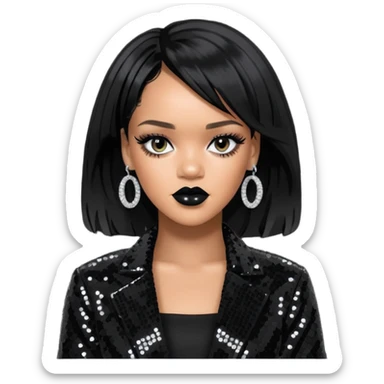 Rihanna with jet black hair, black sequin outfit sticker