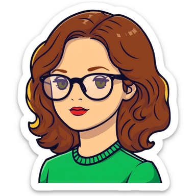 woman with pale skin, brown wavy hair, green eyes, gold glasses sticker