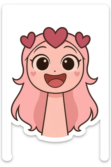 Add a happy, wide smile expression to the pink character with heart hair, maintaining the chibi stickers style with a transparent background. sticker