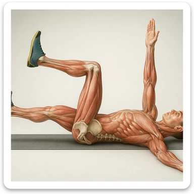 Edit the image of a man in dead bug position, side view, hyperrealistic anatomical 4K version: the arm on the ground is fully extended above the head, pelvis and spine bones visible, translucent muscles and skin, medical atmosphere, realistic anatomical details. Variant 3, slightly change the position of the head. sticker
