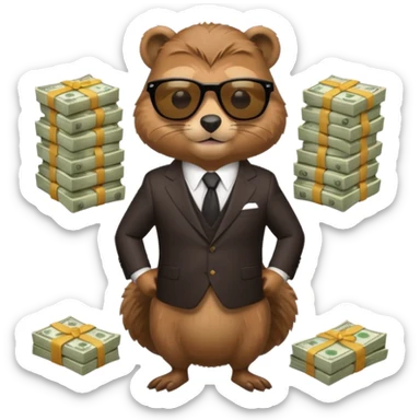 Beaver in suit wearing sunglasses surrounded by stacks if cash sticker